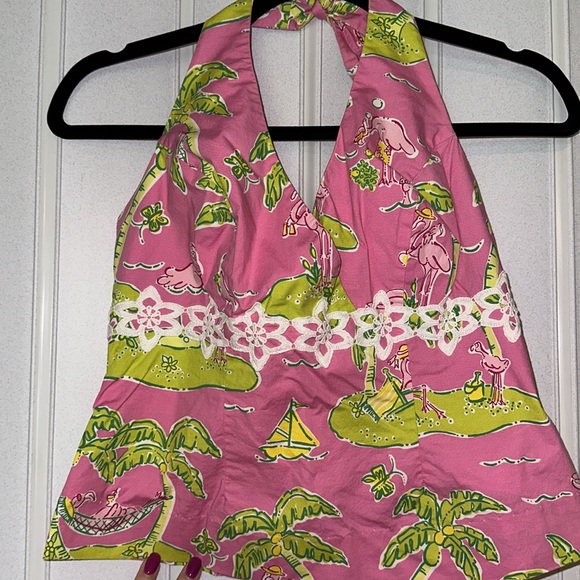 VINTAGE LILLY PULITZER PINK COTTON HALTER TOP SZ 8 - Picture 2 of 7